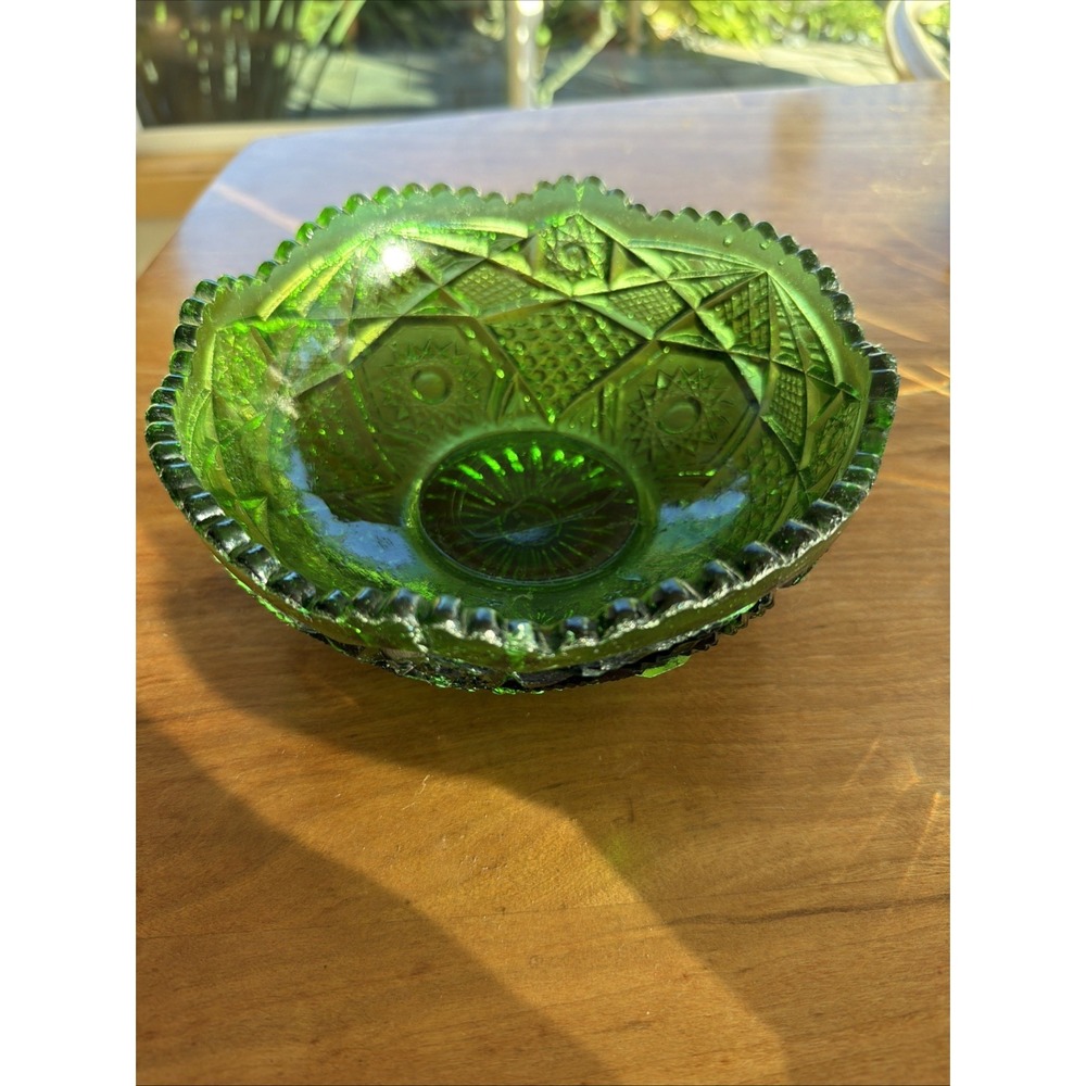 Vintage Green Pressed Glass Bowl‎ 7.5 Inch Hobstar Fan Depression Style